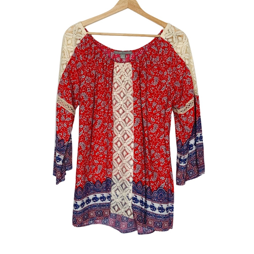 Valerie Stevens Peasant Tunic Top Red Blue Paisley Print Long Sleeve Medium